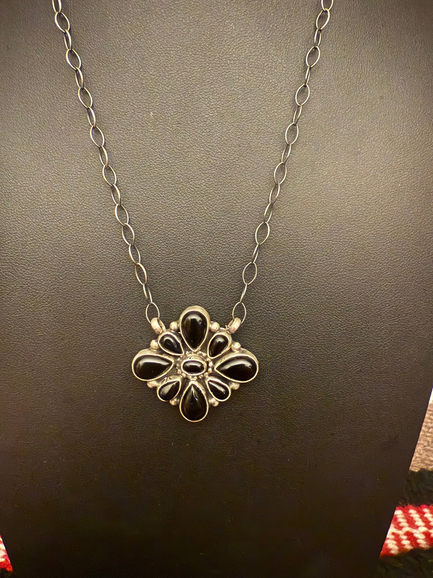 Sterling Silver Link Chain Necklace with a Black Onyx Cluster Pendant 20" Long