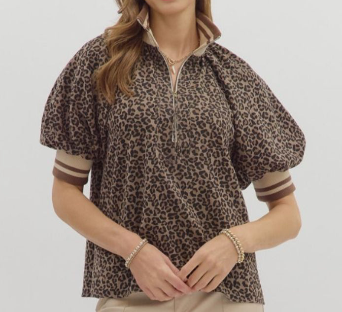 z Leopard Puff Sleeve Half-Zip Top