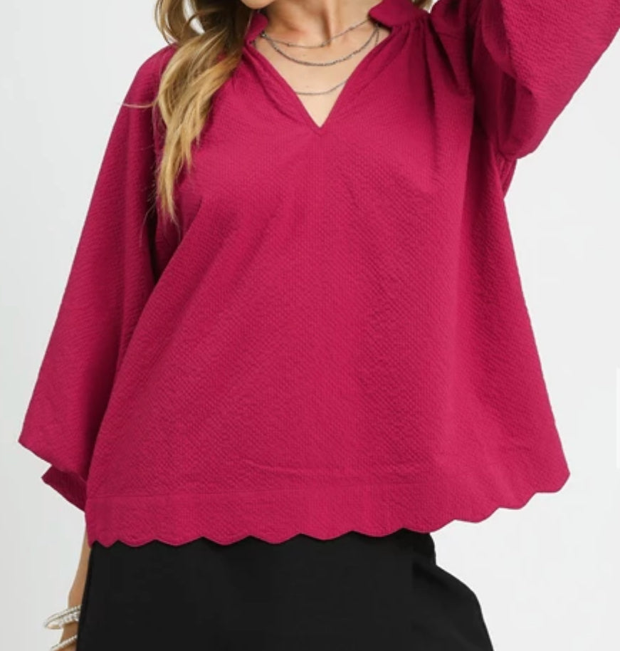z Split V Neck Top with Balloon Sleeves