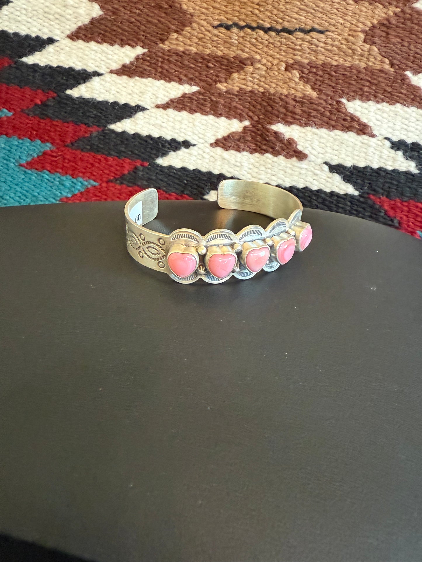 Sterling Silver Pink Conch Heart Stone Cuff