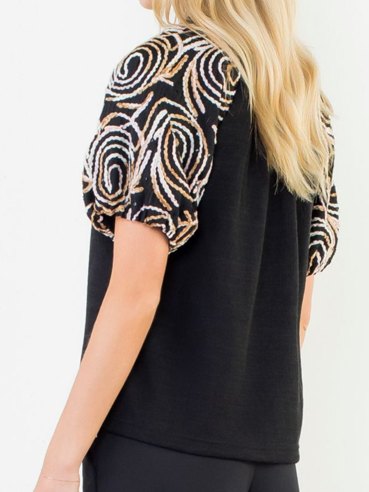 z Circle Embroidered Detailed Puffed Sleeve Top