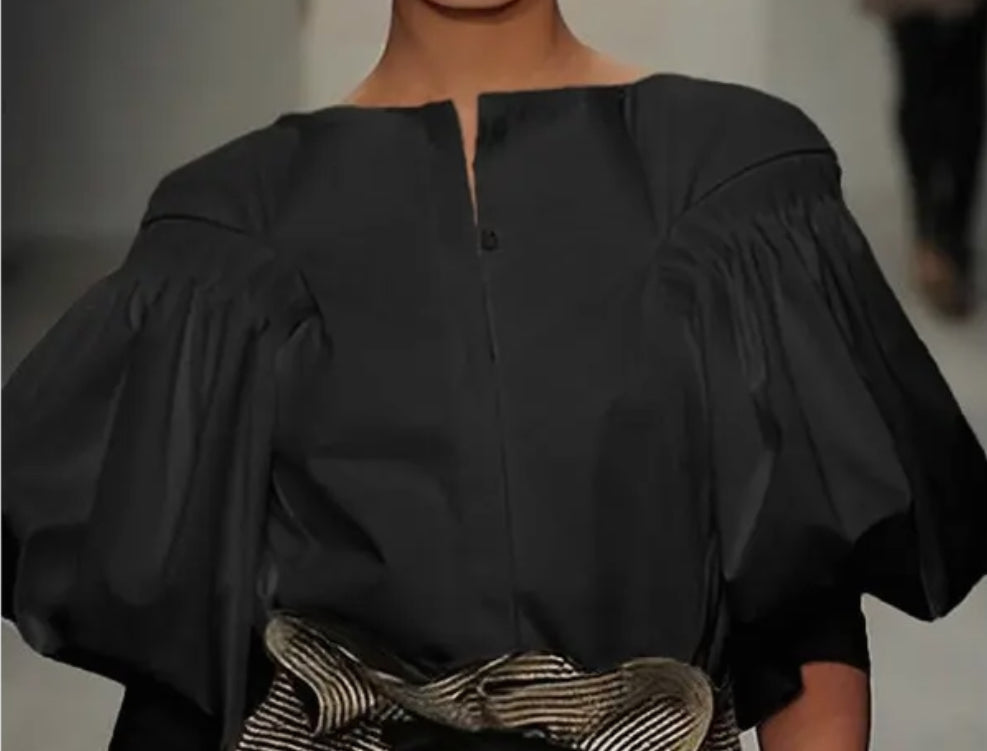 z Puff Sleeves Buttoned Solid Color Blouse