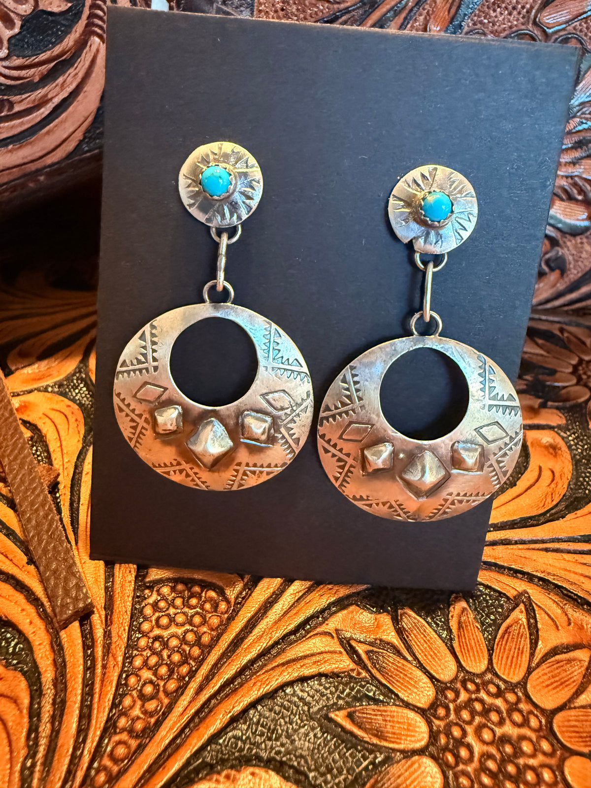 Handmade Sterling Silver Dangle Earrings with Turquoise Dot Stud By Thomas Yazzie