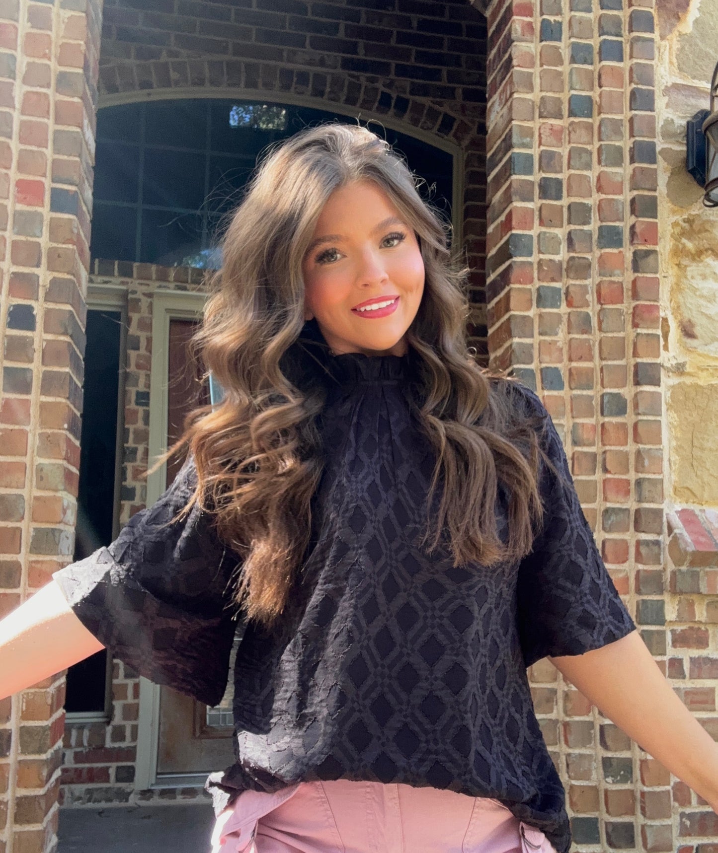z Textured Lattice Mock Neck Blouse