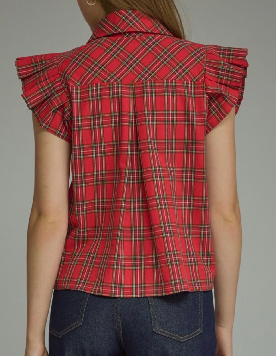 z Red Plaid Ruffle Sleeve Top