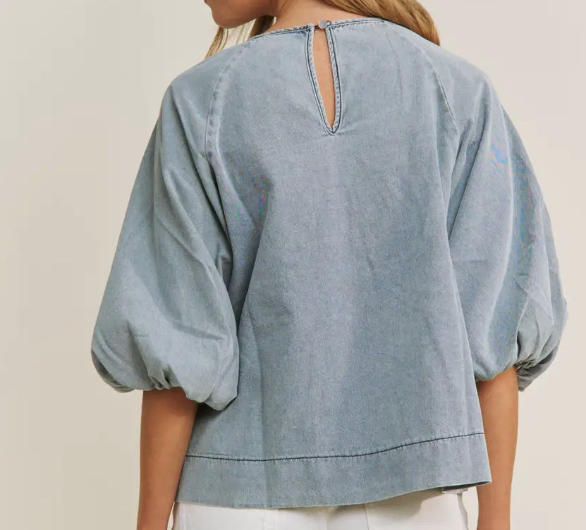 z Denim Puffed Sleeve Babydoll Top