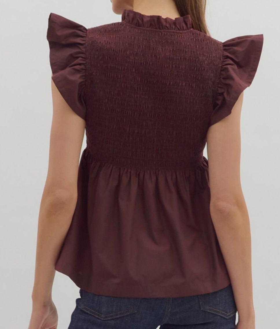 z Solid Wine Smocked Bodice Top