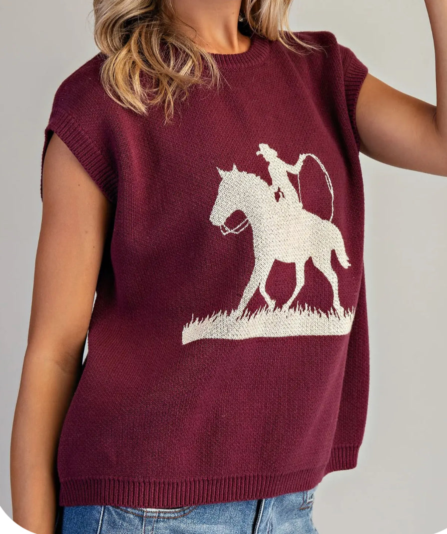 Western Graphic Cap Sleeve Sweater