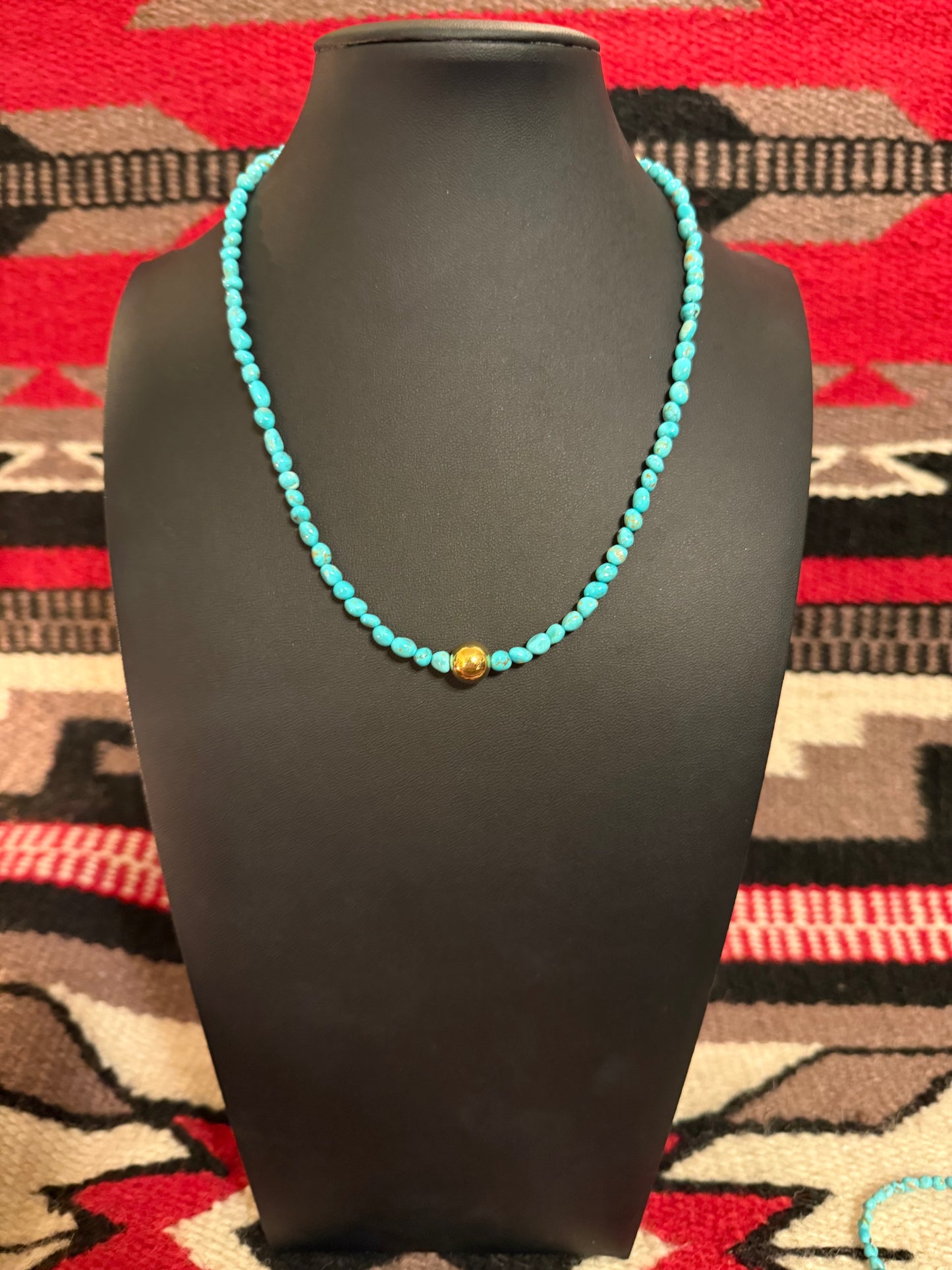 Smooth Turquoise Nuggets & 10mm Navajo Pearl 18k Gold Plated Necklace 18" Long