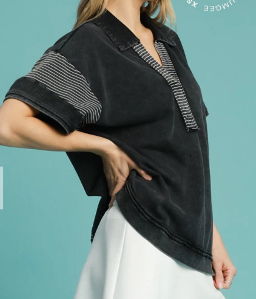 z Striped Contrast Washed Polo Tunic