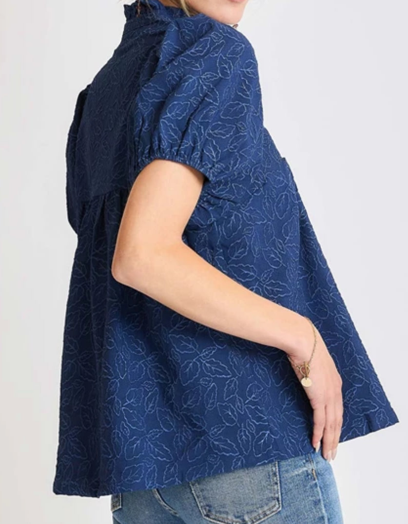 z Floral Jacquard High Neckline Top with Lace Contrast Detail