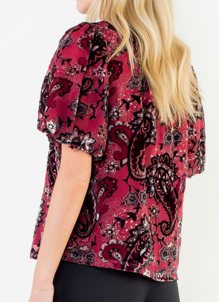 z Burgundy Velvet Paisley Puffed Sleeve Top