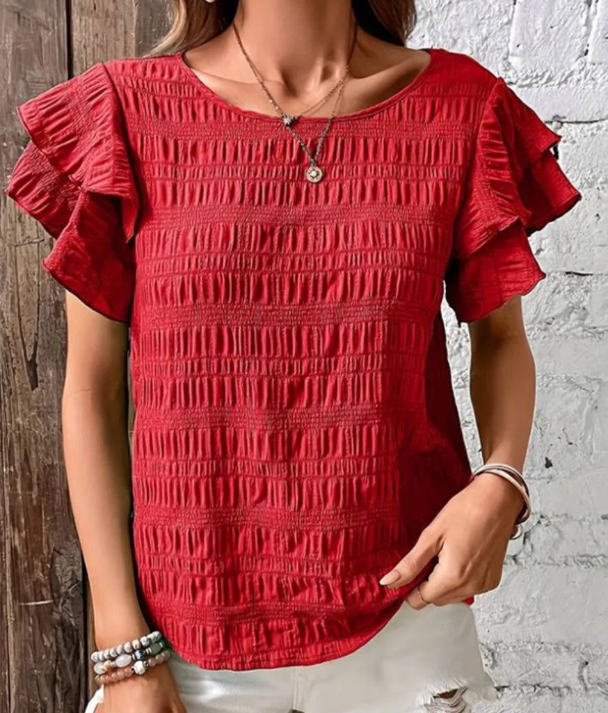 z Round Neck Ruffled Layered Short Sleeve Blouse ( $5 OFF)