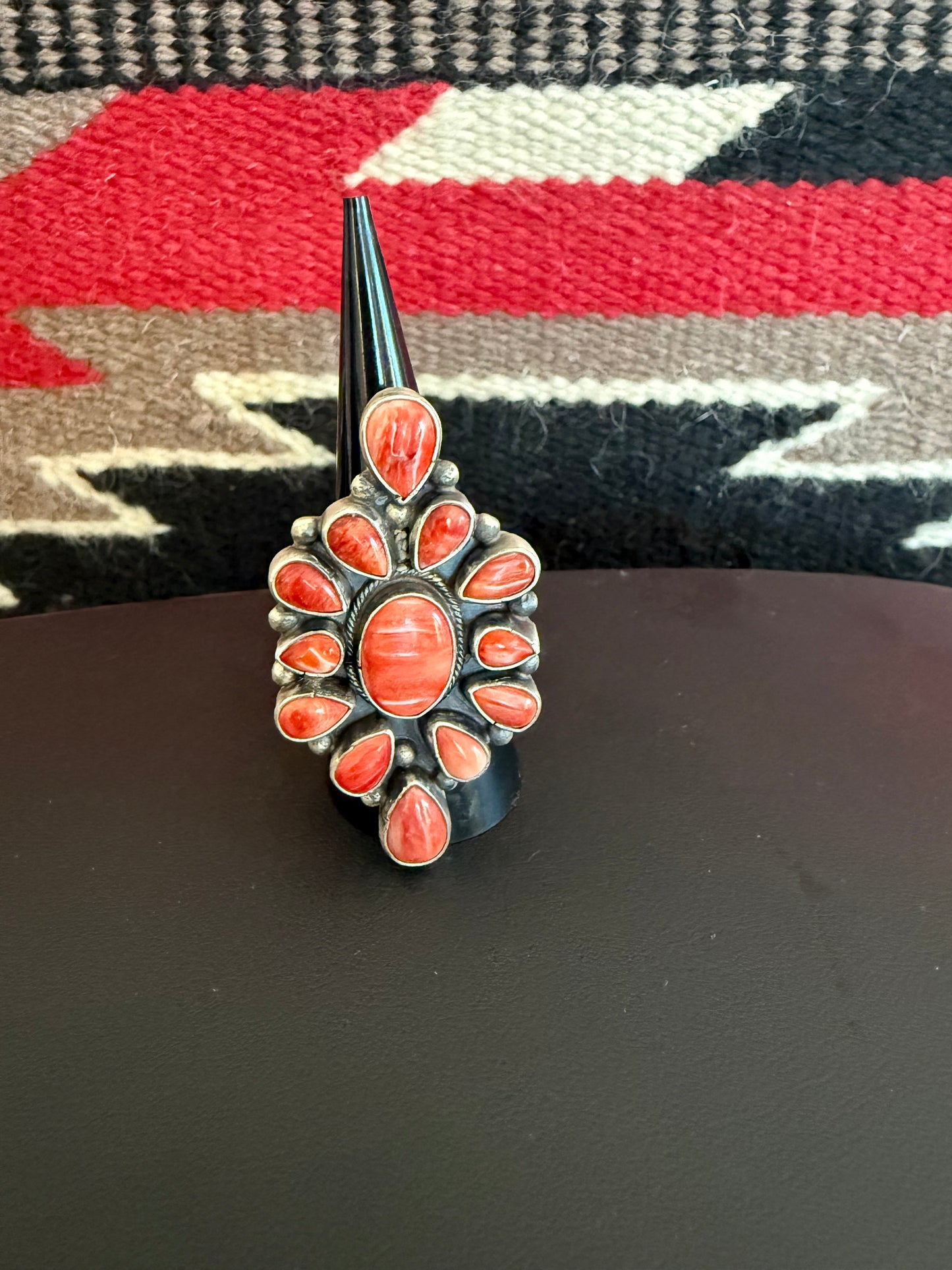 Sterling Silver Red Spiny Oyster Cluster Ring Adjustable