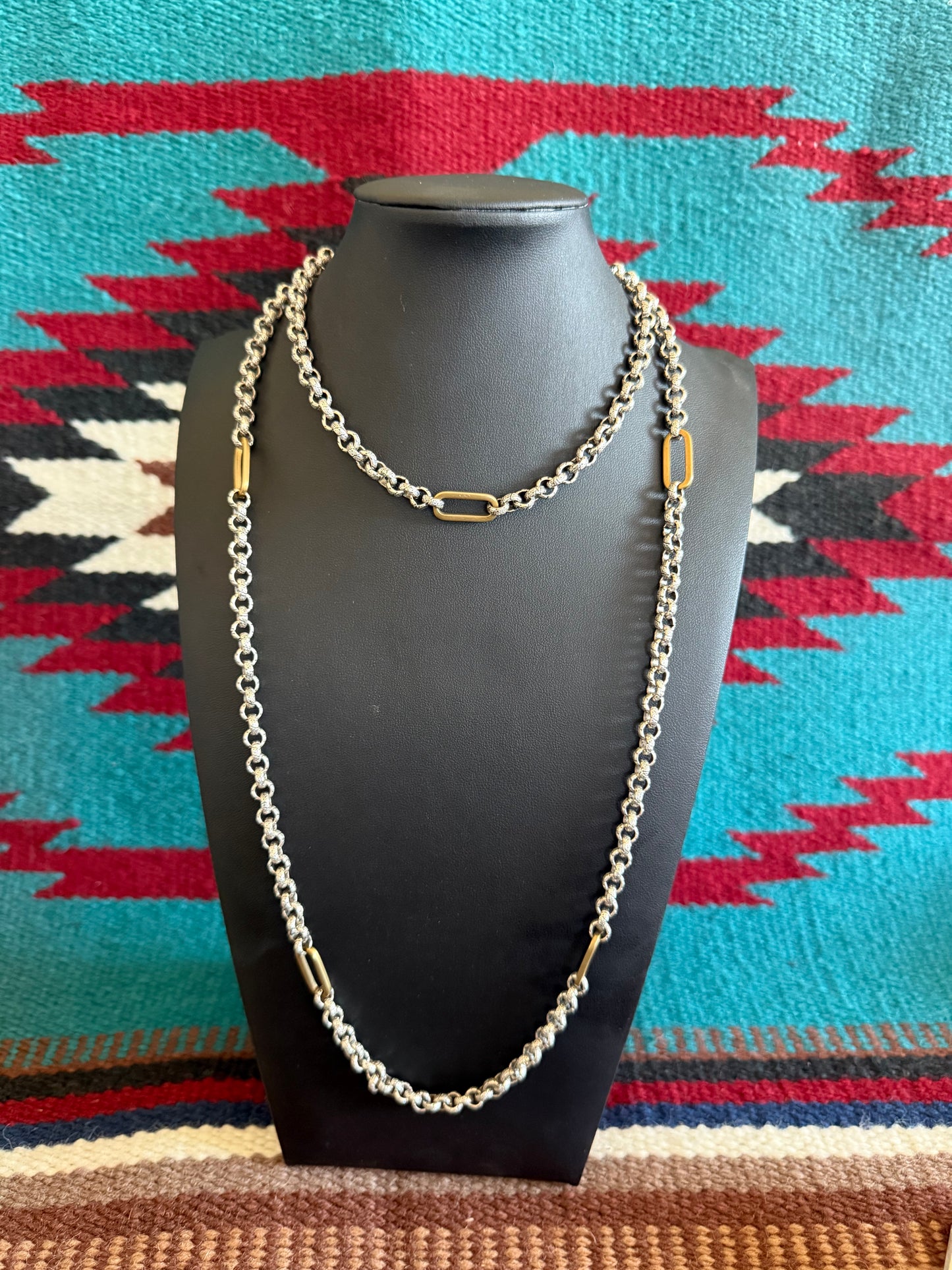 v2 V21 Silver and Gold Plated Long Necklace with Detailed Links