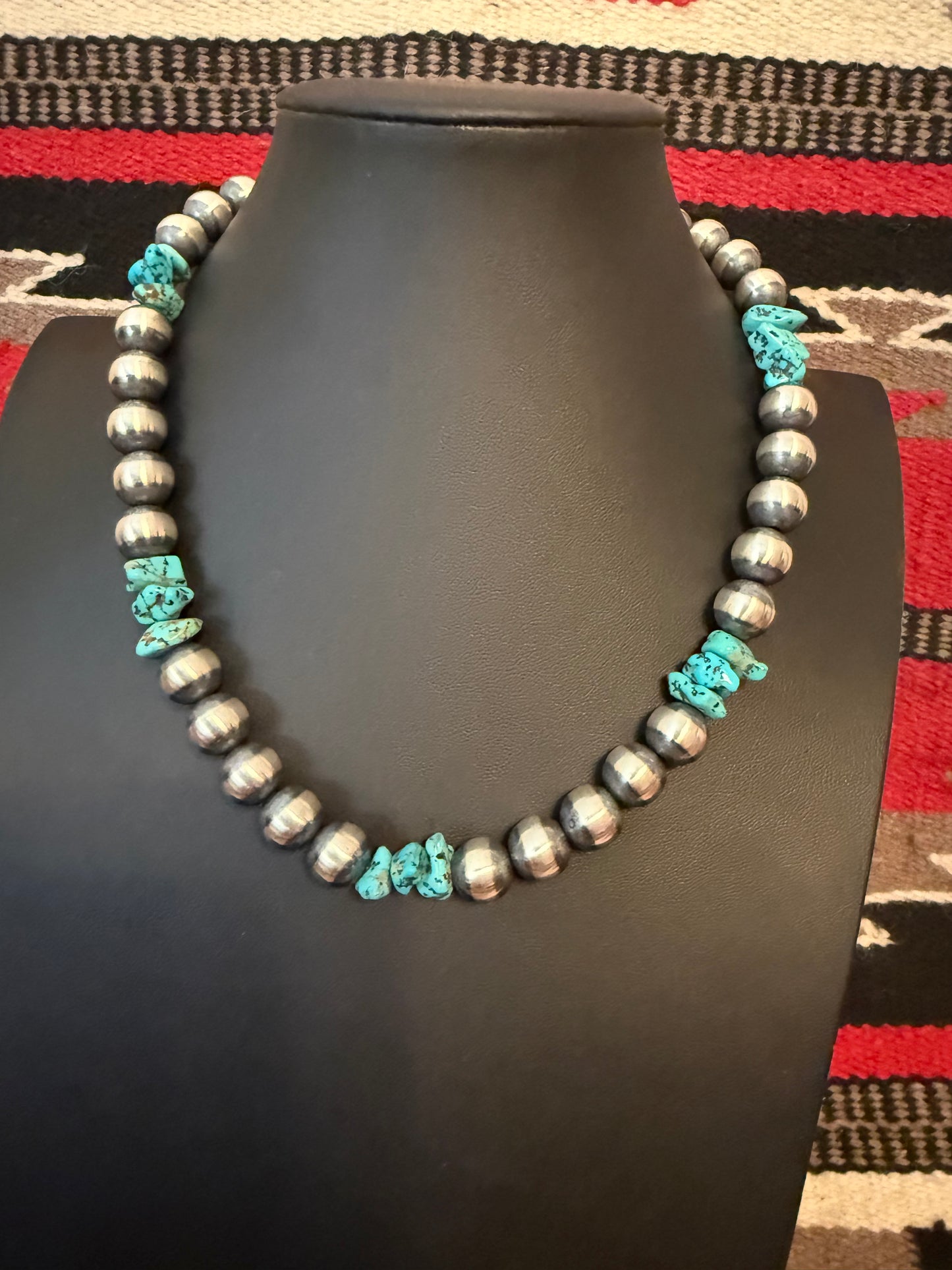 12mm Sterling Silver Navajo Pearl Necklace with Turquoise Nuggets 20" Long