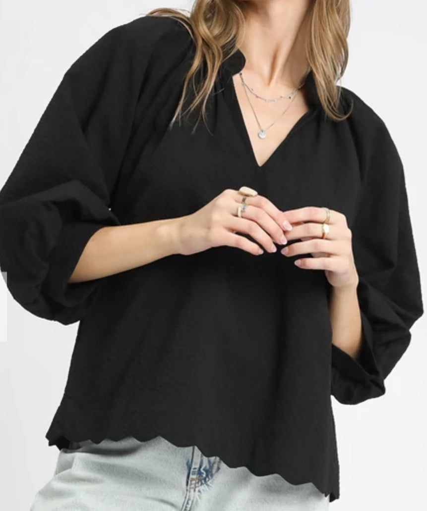 z Split V Neck Top with Balloon Sleeves