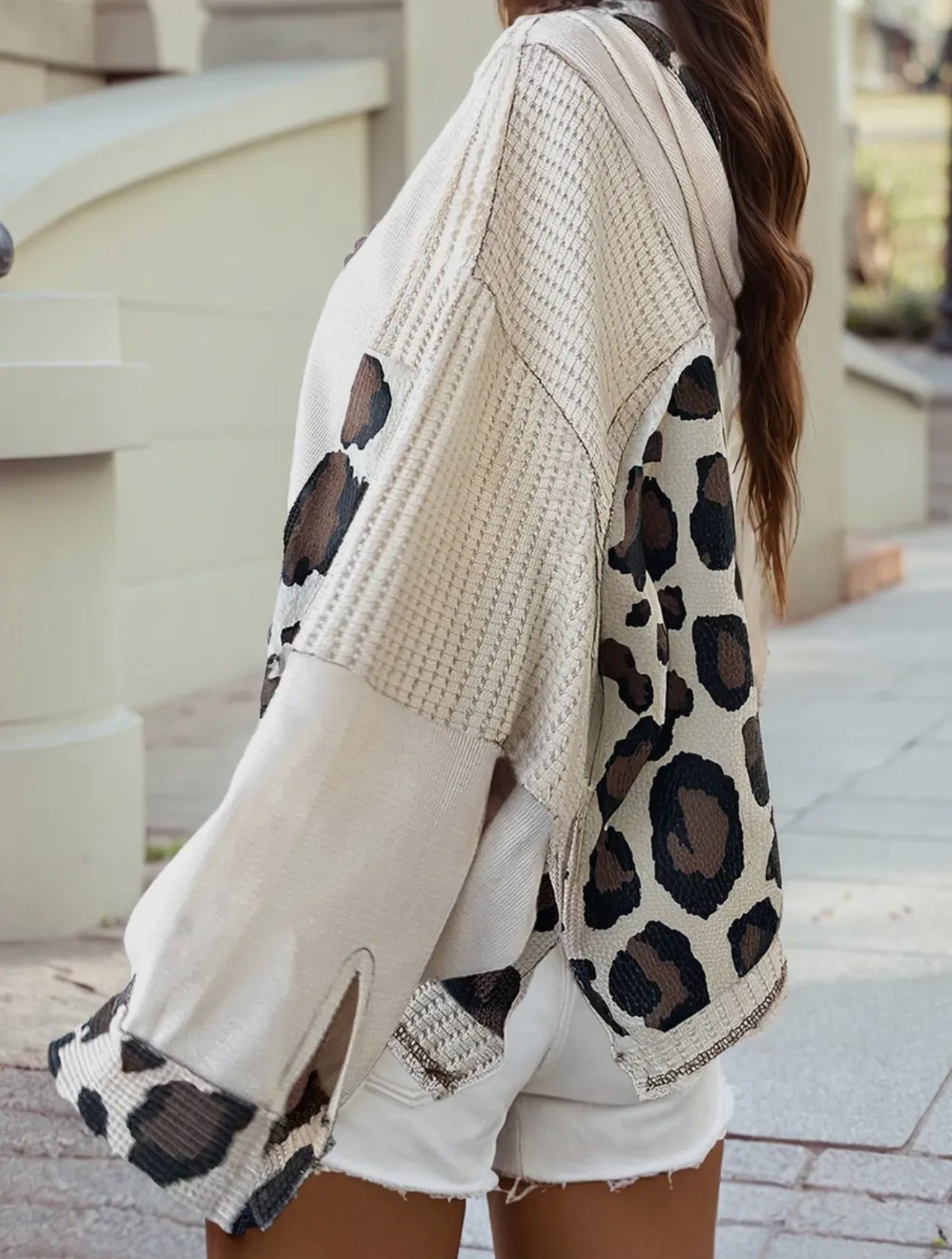 z Leopard Contrast Mixed Texture Patchwork Zip Up Hoodie