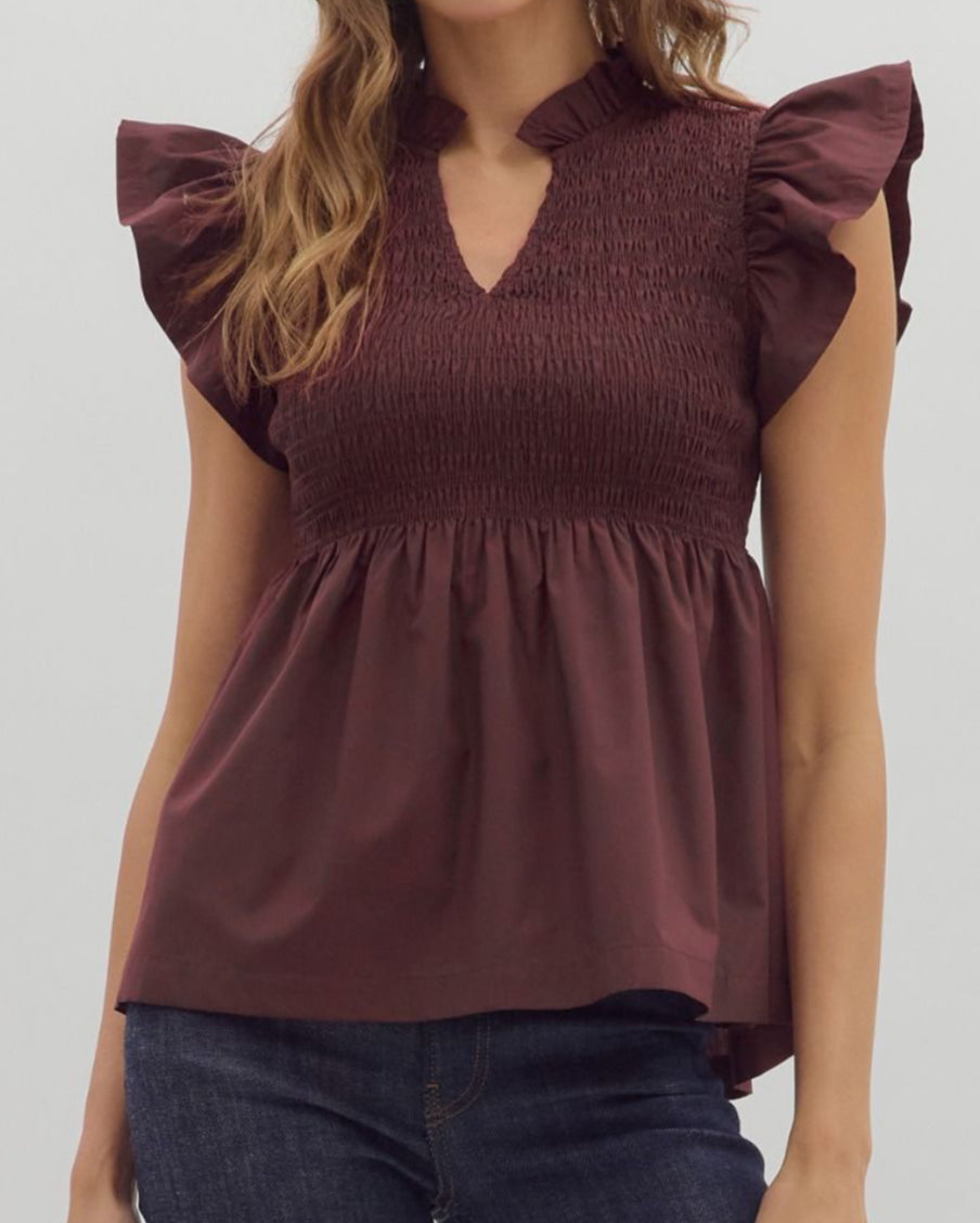 z Solid Wine Smocked Bodice Top