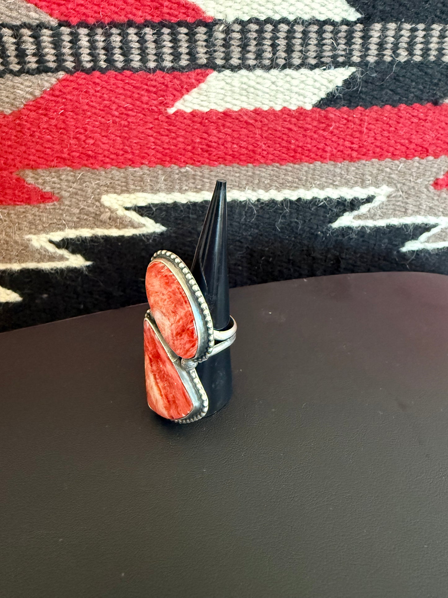 Sterling Silver and Red Spiny Oyster 2 Stone Ring Adjustable