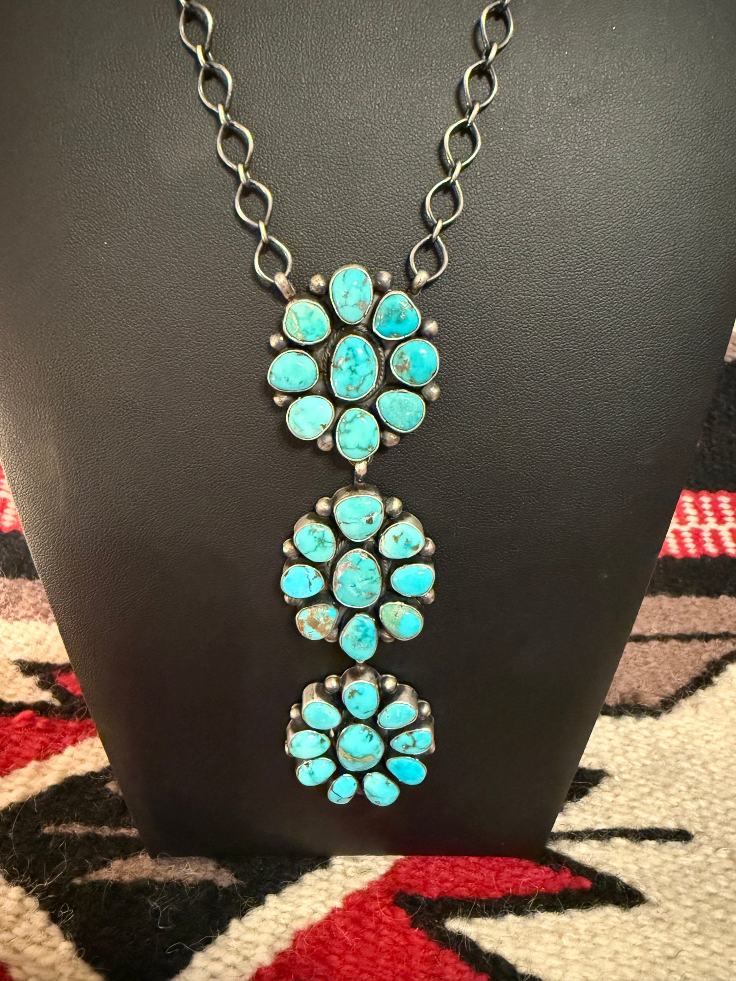 Sterling Silver and SS Blue Ridge Turquoise 3 Cluster Pendant Link Chain Necklace