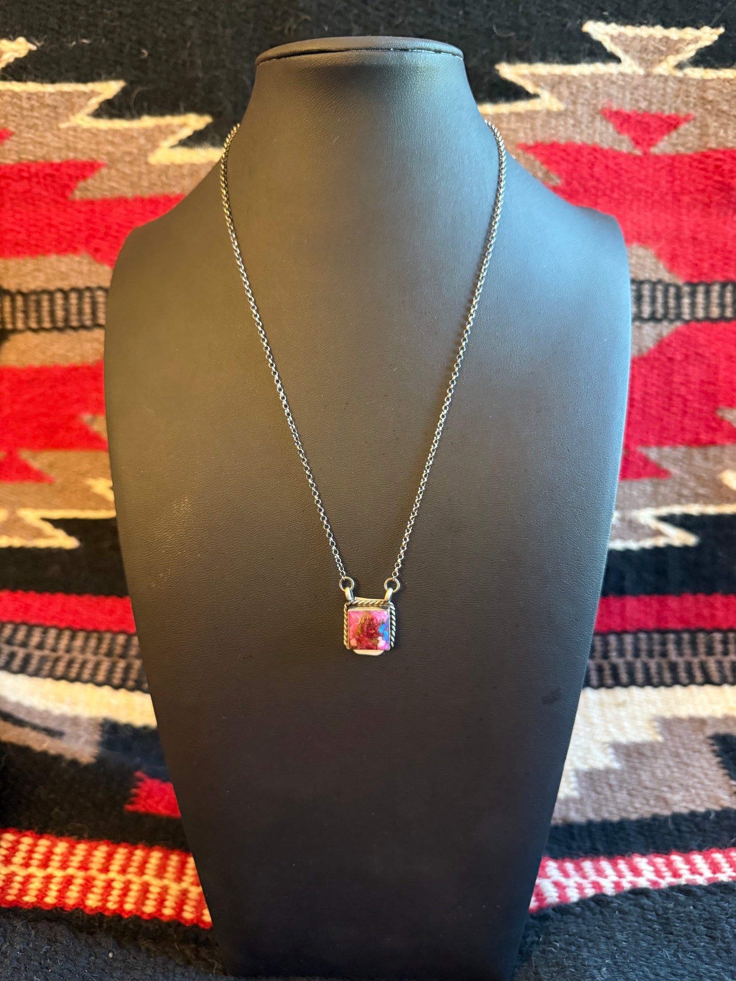 Sterling Silver Chain Necklace with a Square Pink Dahlia Stone Pendant 20" Long