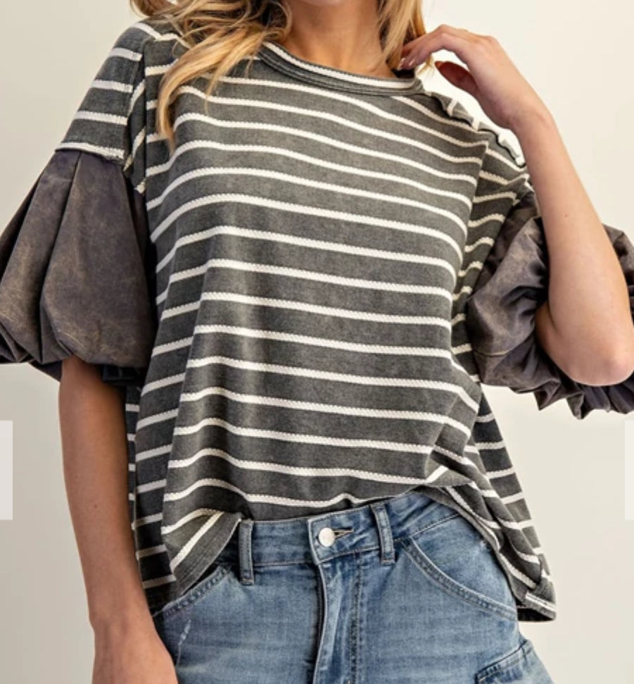 z Striped Puff Sleeve Round Neck Top