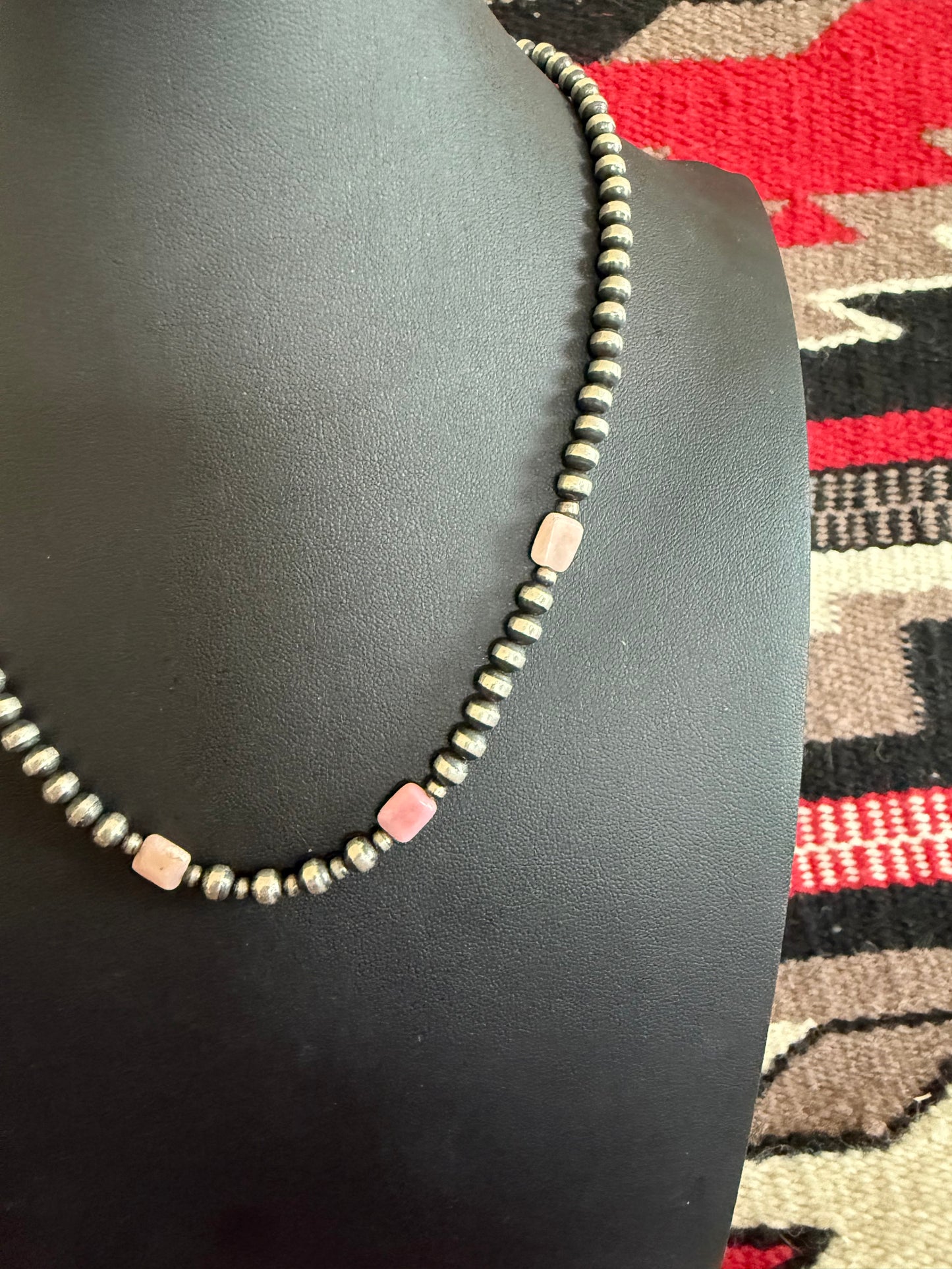 Sterling Silver Navajo Pearl Necklace with Pink Peruvian Opal Accents