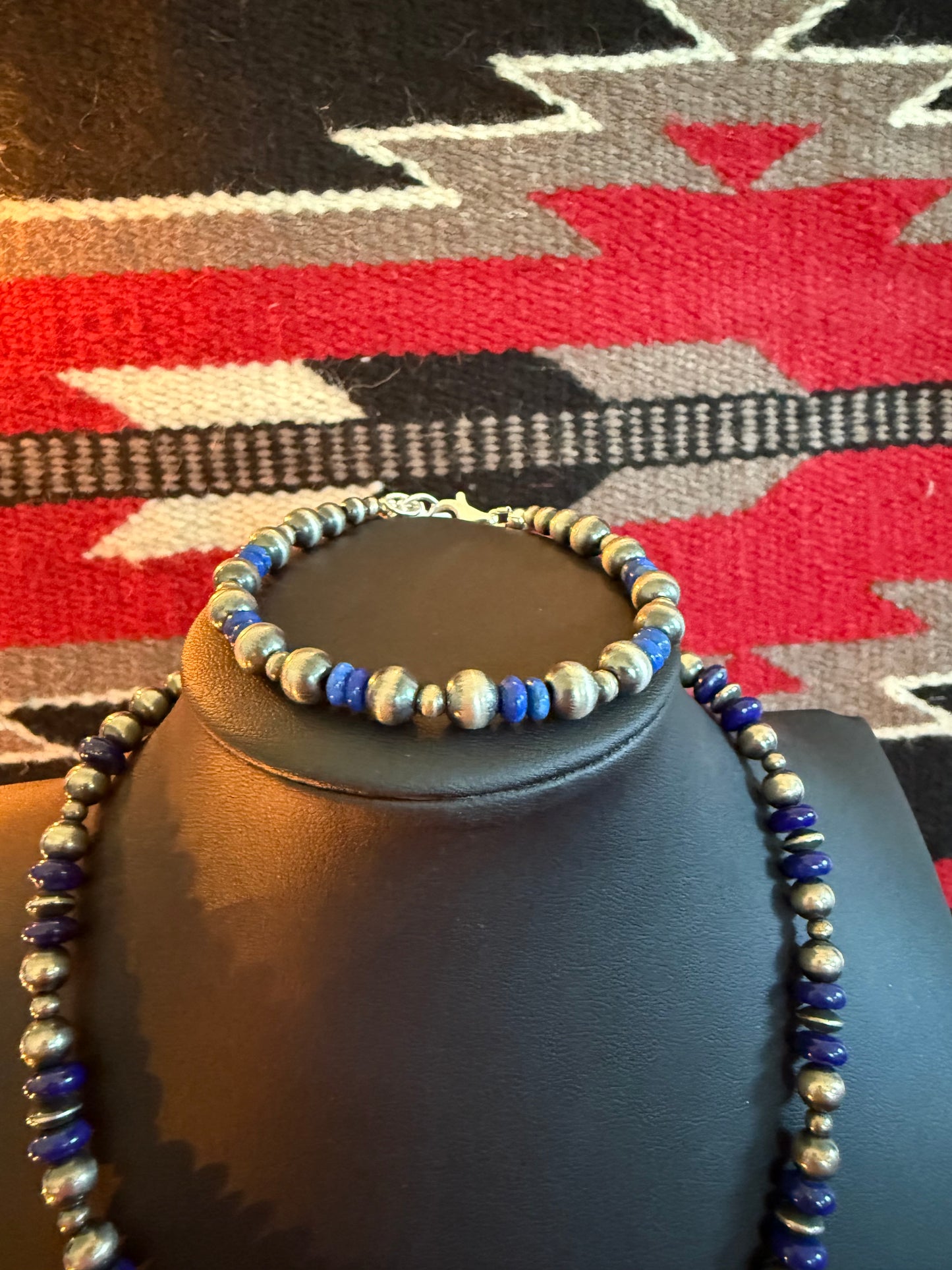 7mm Sterling Silver Mixed Navajo Pearls with Lapis Bracelet