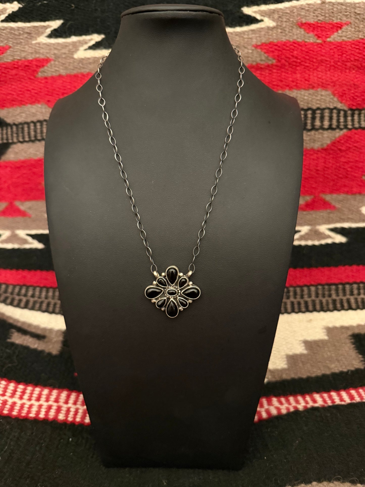 Sterling Silver Link Chain Necklace with a Black Onyx Cluster Pendant 20" Long