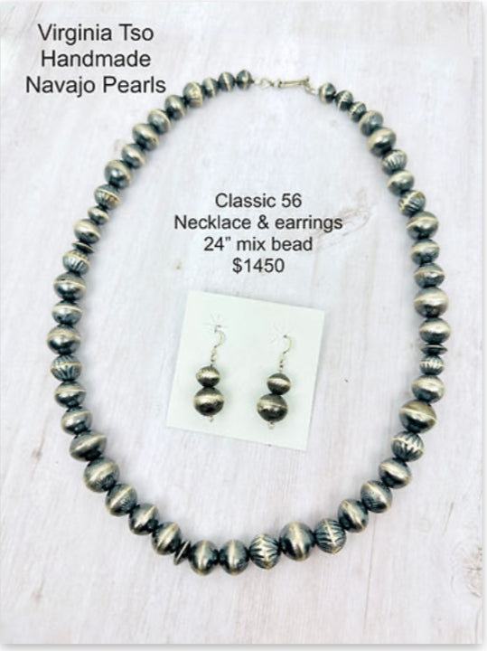 Handmade Navajo Pearls By Virginia Tso Classic 56 Necklace and Earrings
