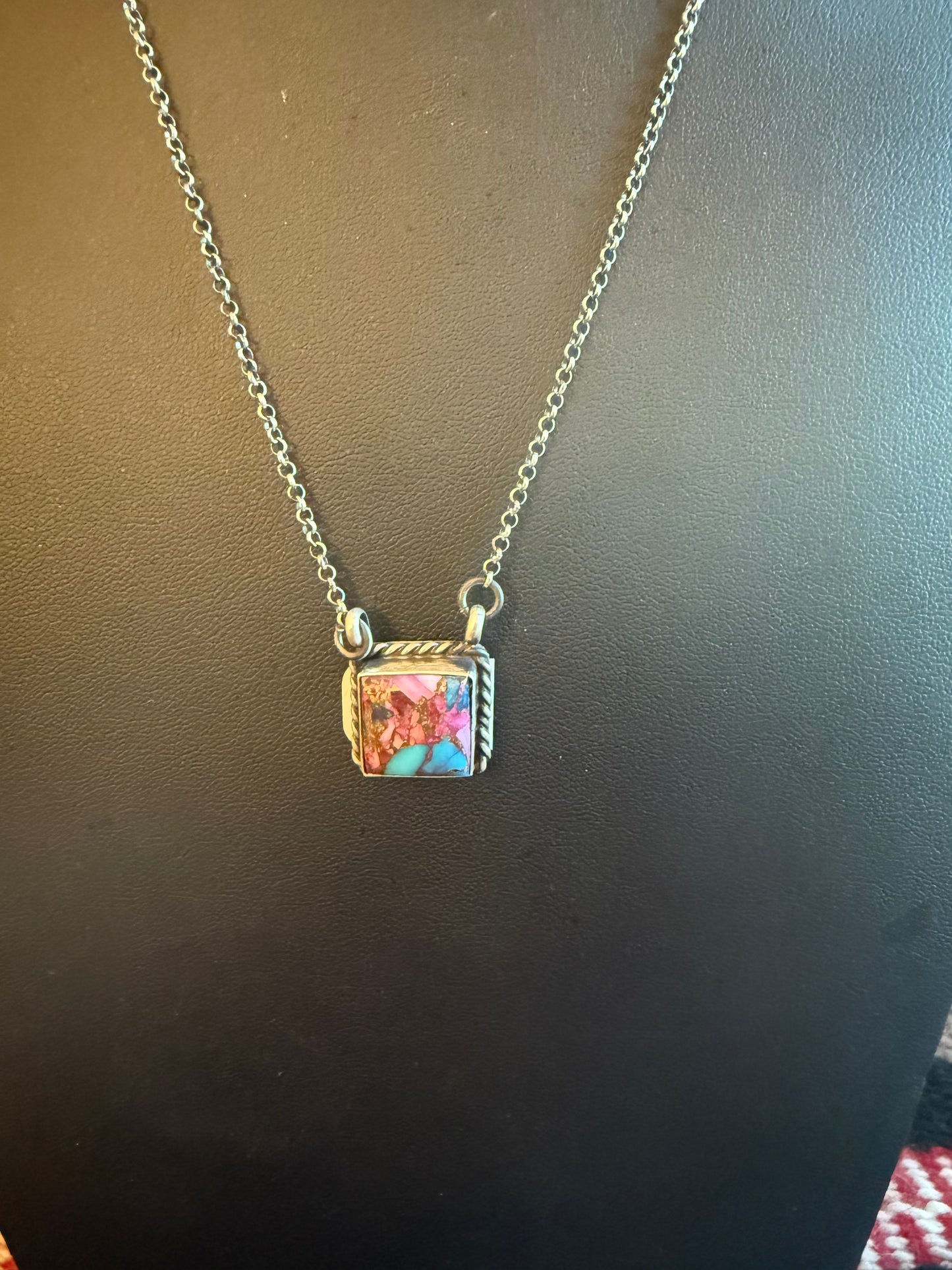 Sterling Silver Chain Necklace with a Square Pink Dahlia Pendant 20" Long
