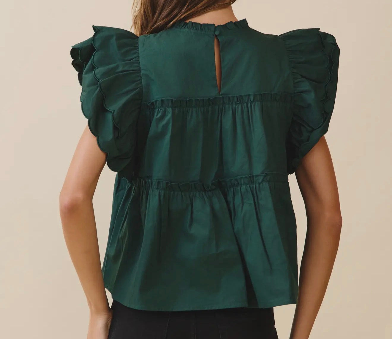 z Dramatic Ruffle Sleeve Detail Tiered Poplin Top Hunter Green