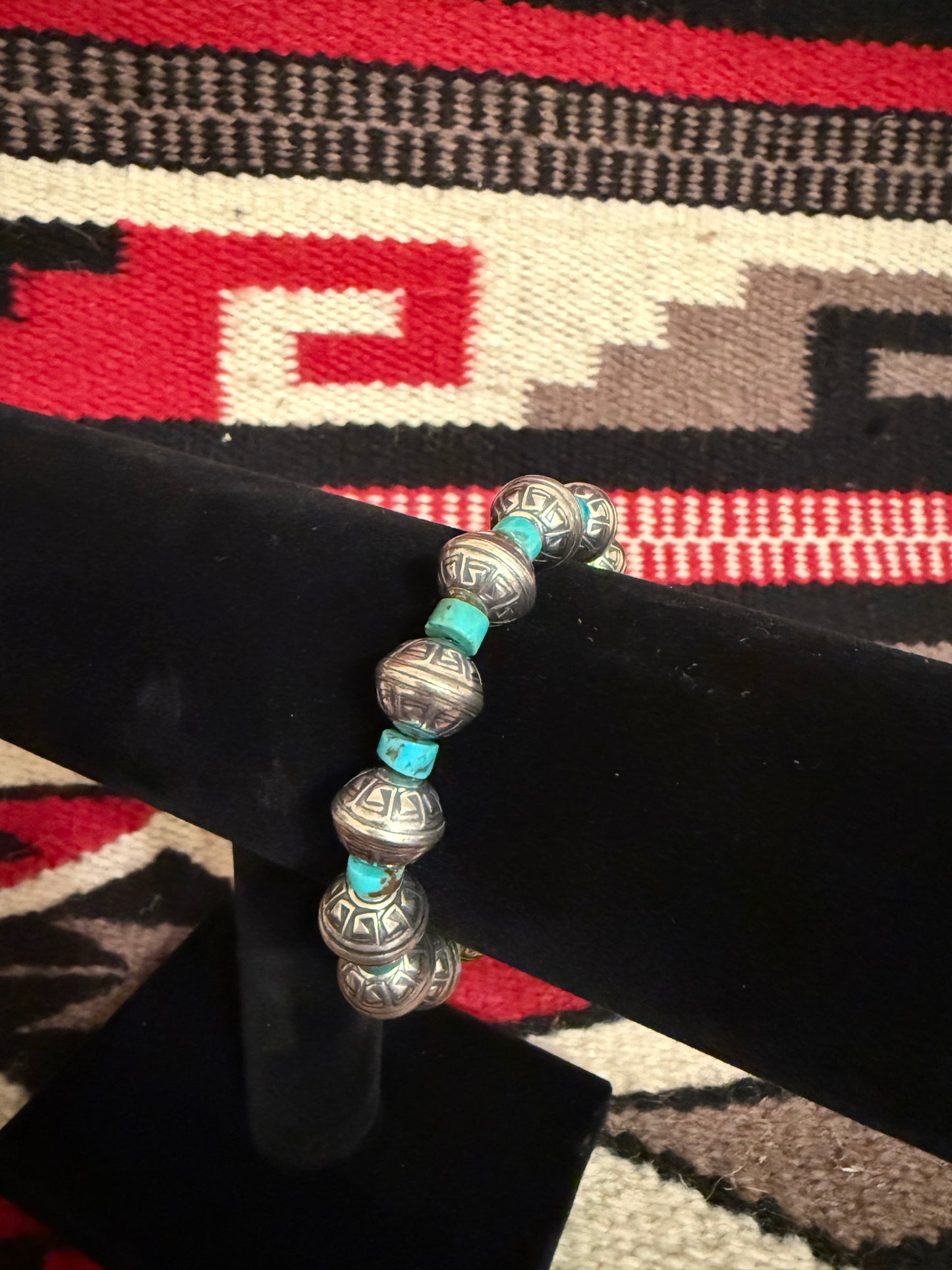 LI Sterling Silver Aztec Stretch Bracelet with Kingman Turquoise