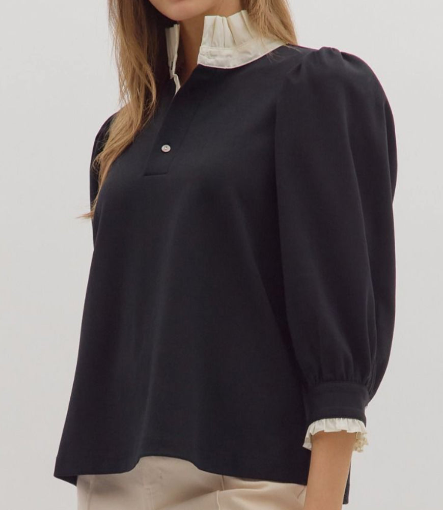 z Knit Top with 3/4 Puffed Sleeves