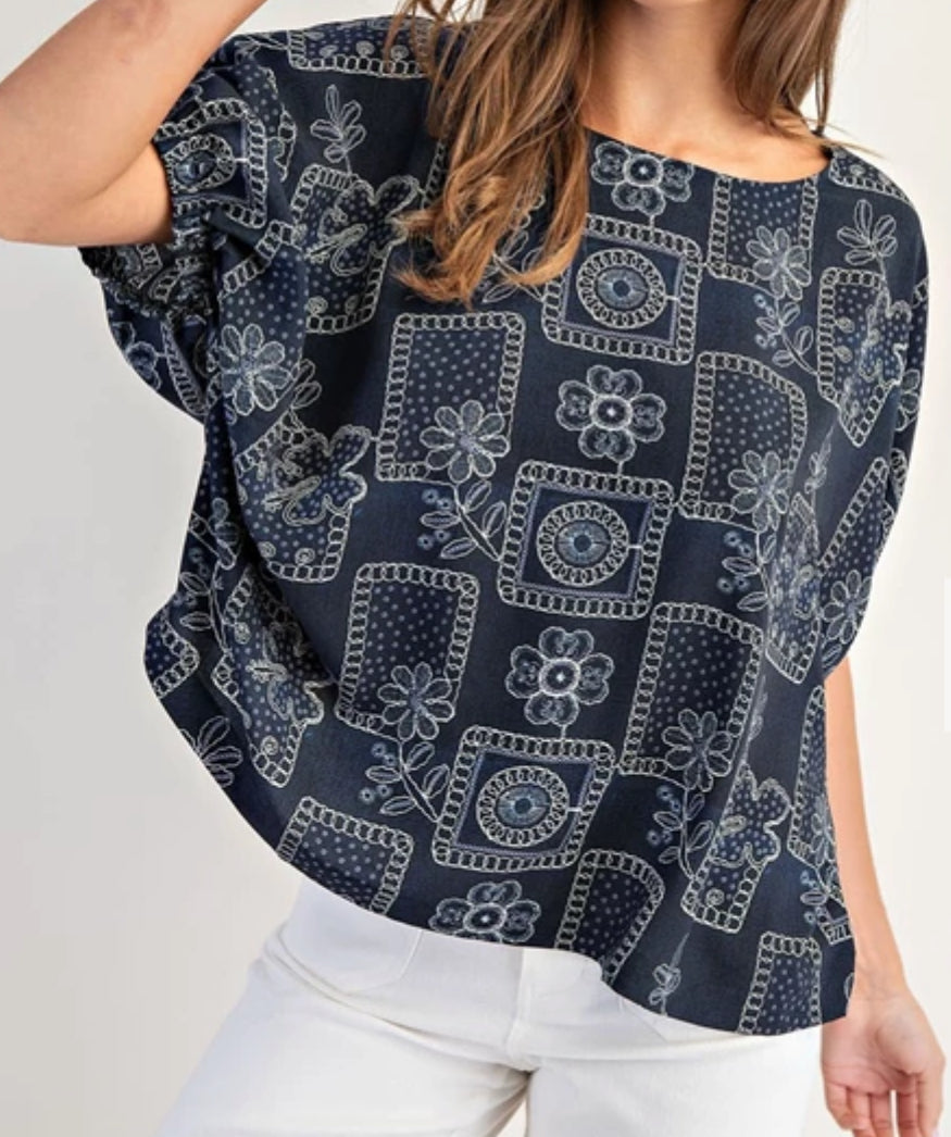 z Floral Patchwork Printed Dolman Sleeve Top