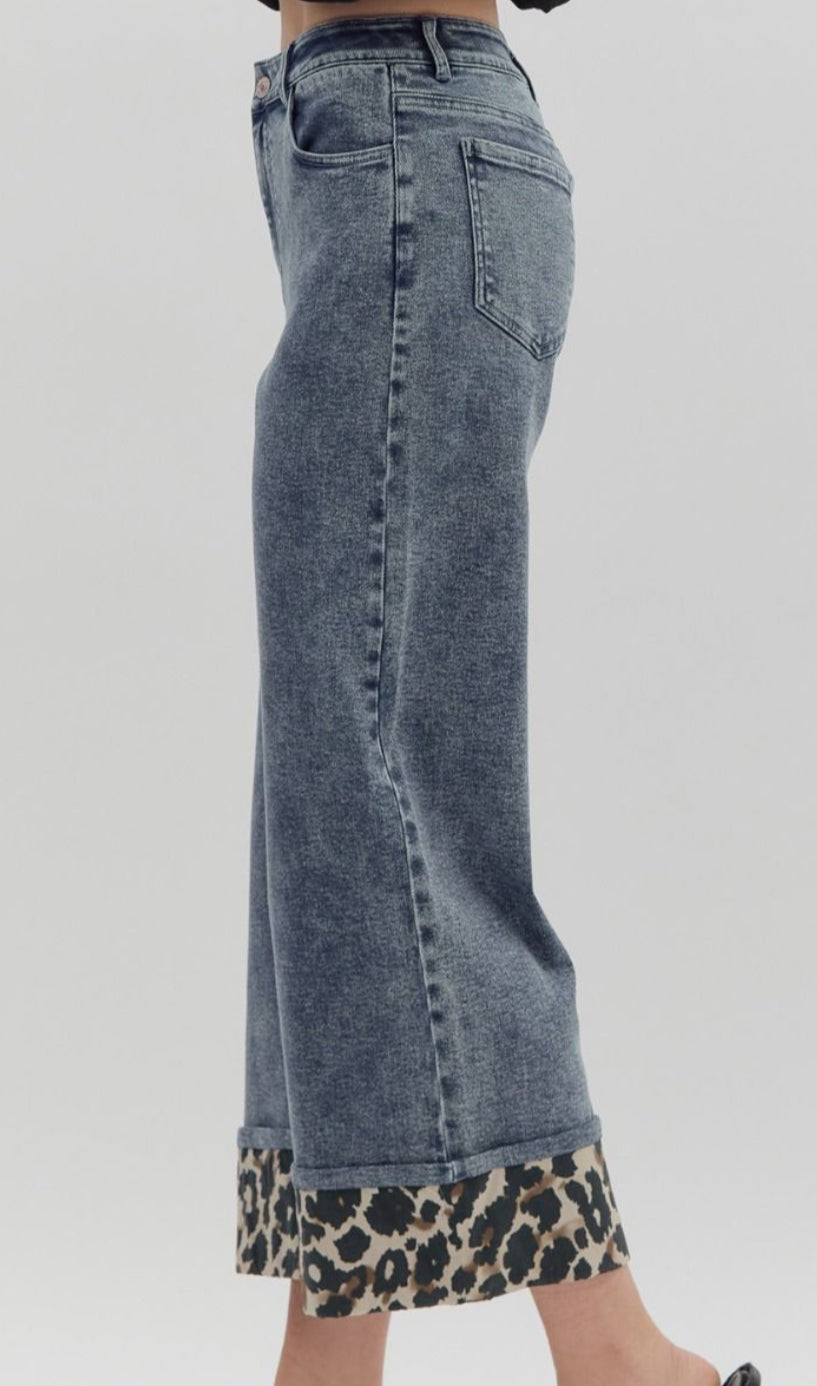 z Denim High-Waist Culotte Pants with Leopard Cuff