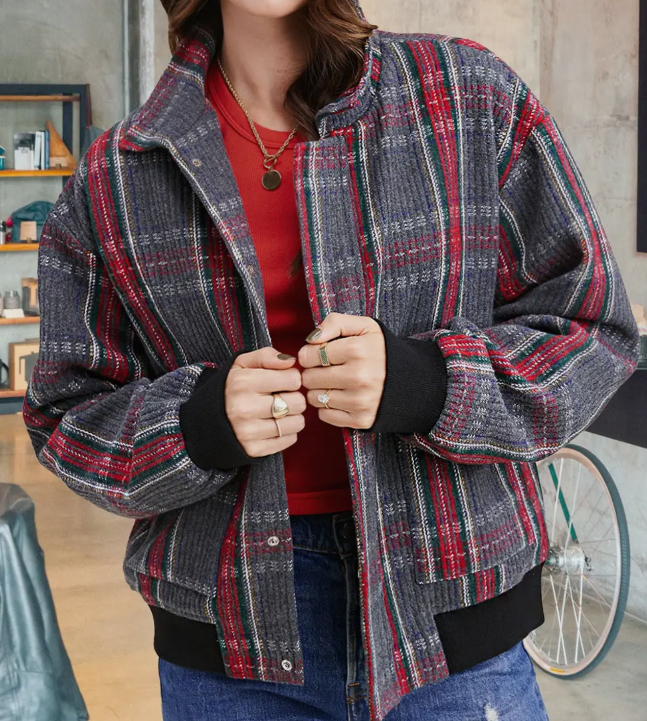 z Relaxed Fit Checkered Bomber Button Down Jacket