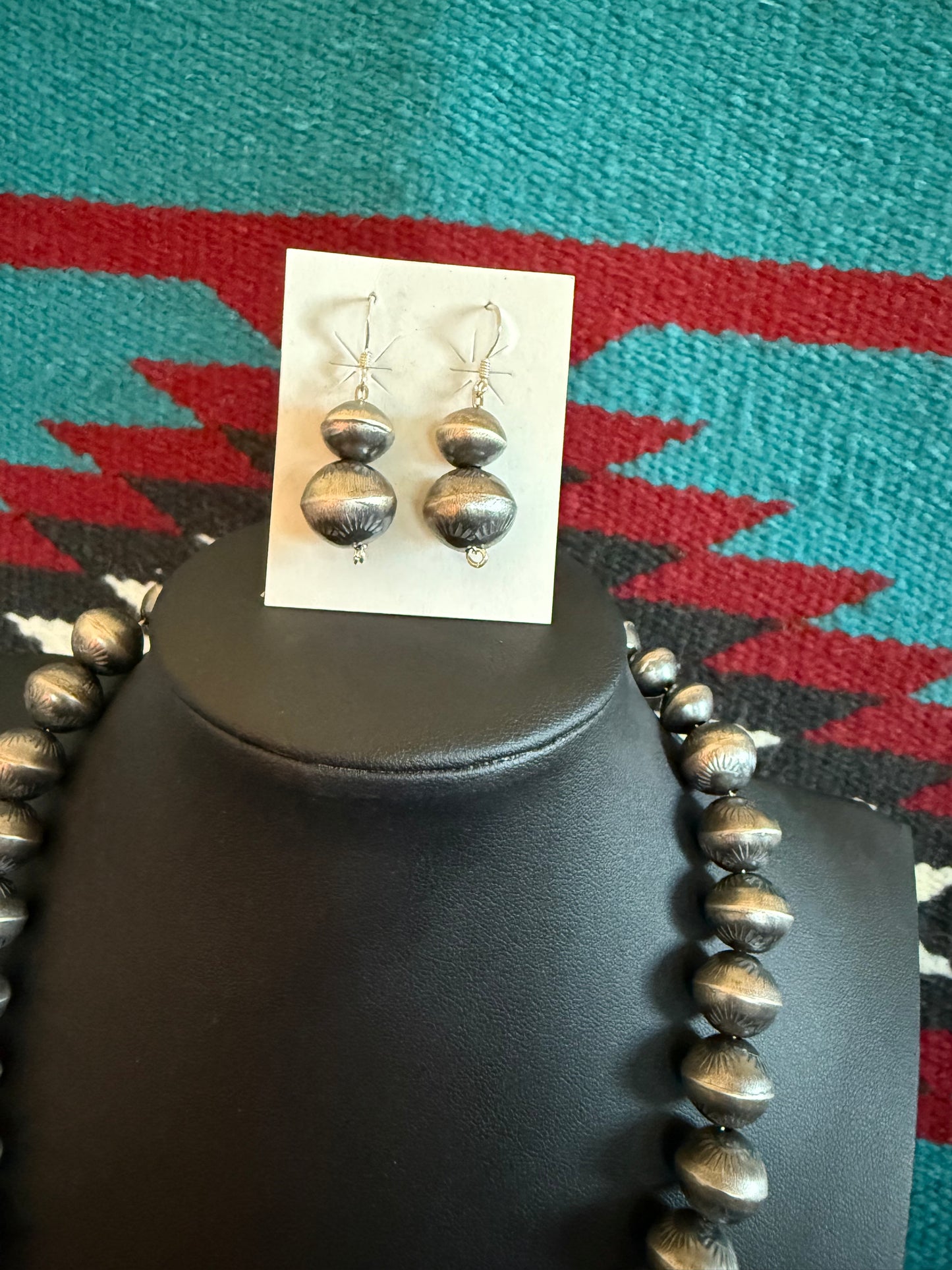 Handmade Navajo Pearl Graduated Necklace with Stamped Pearls 20" Long and Earrings