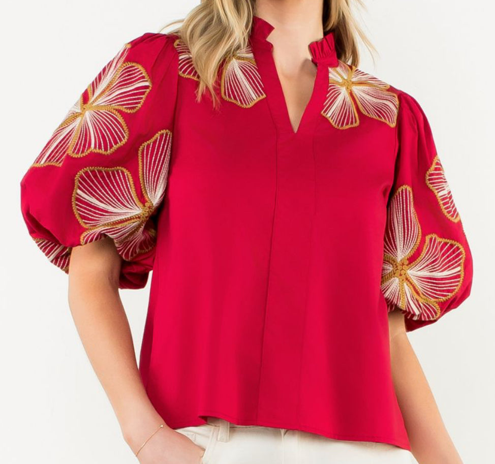 z Puff Sleeve Embroidered Top