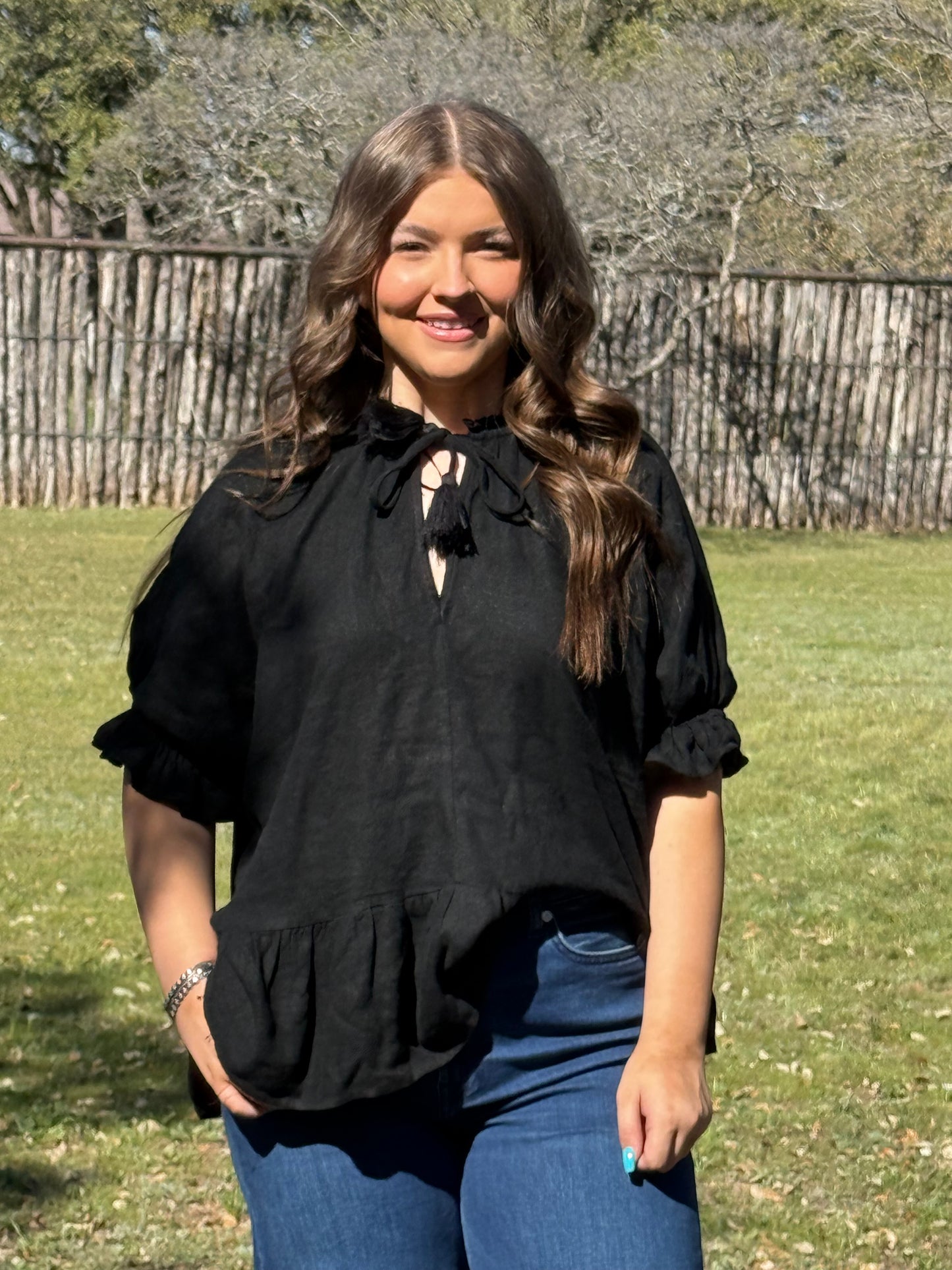z Linen Blend Half Sleeve Top With Front Tassel Tie and Ruffle Hem