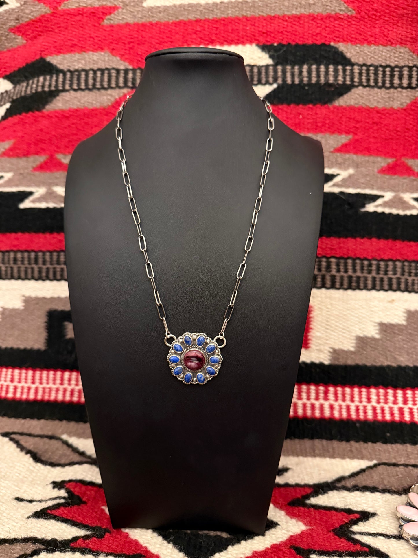 Sterling Silver Link Chain Necklace with Purple Spiny/Blue Lapis Stones
