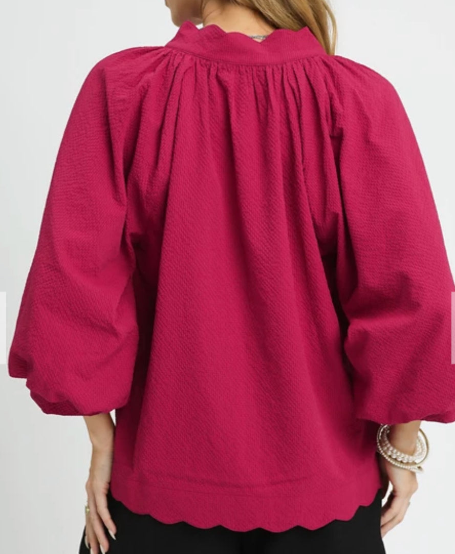 z Split V Neck Top with Balloon Sleeves