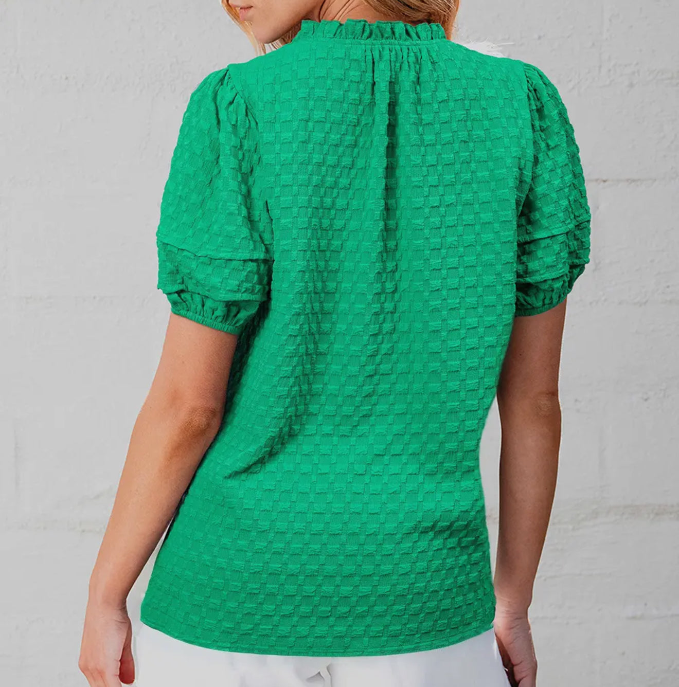 z Textured Puff Short Sleeve Notched V-Neck Top