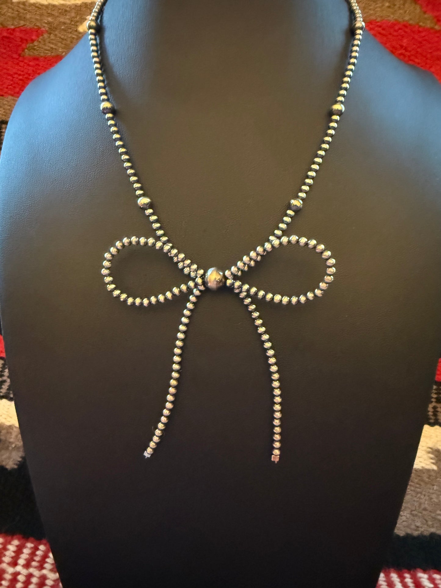 Sterling Silver Navajo Pearl Large Bow Necklace 18" Long