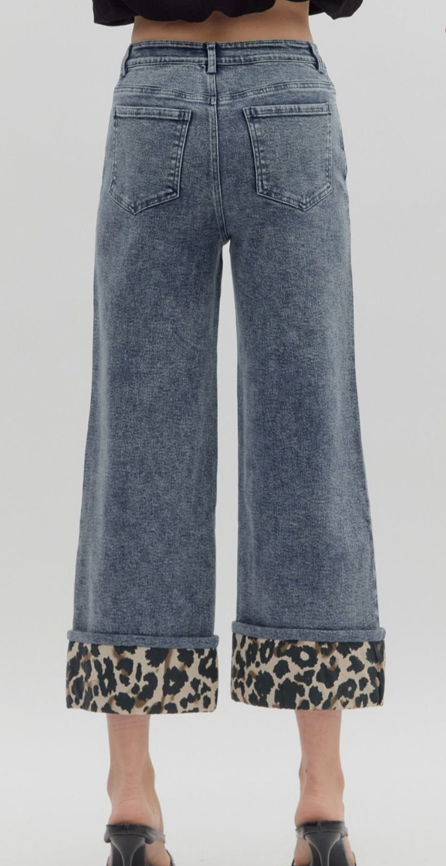 z Denim High-Waist Culotte Pants with Leopard Cuff