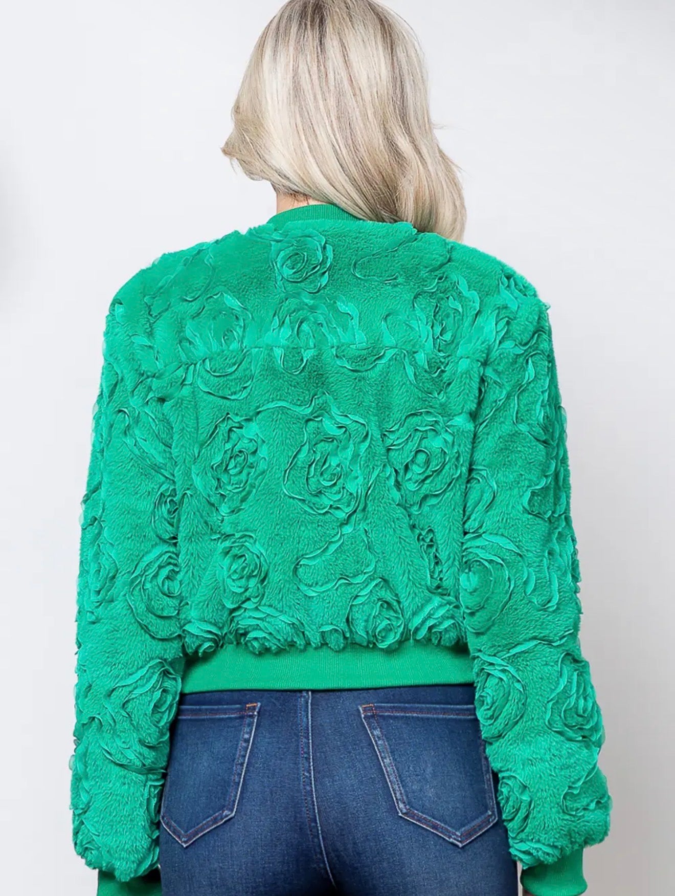 z Green Textured Rosette Fur Bomber Jacket