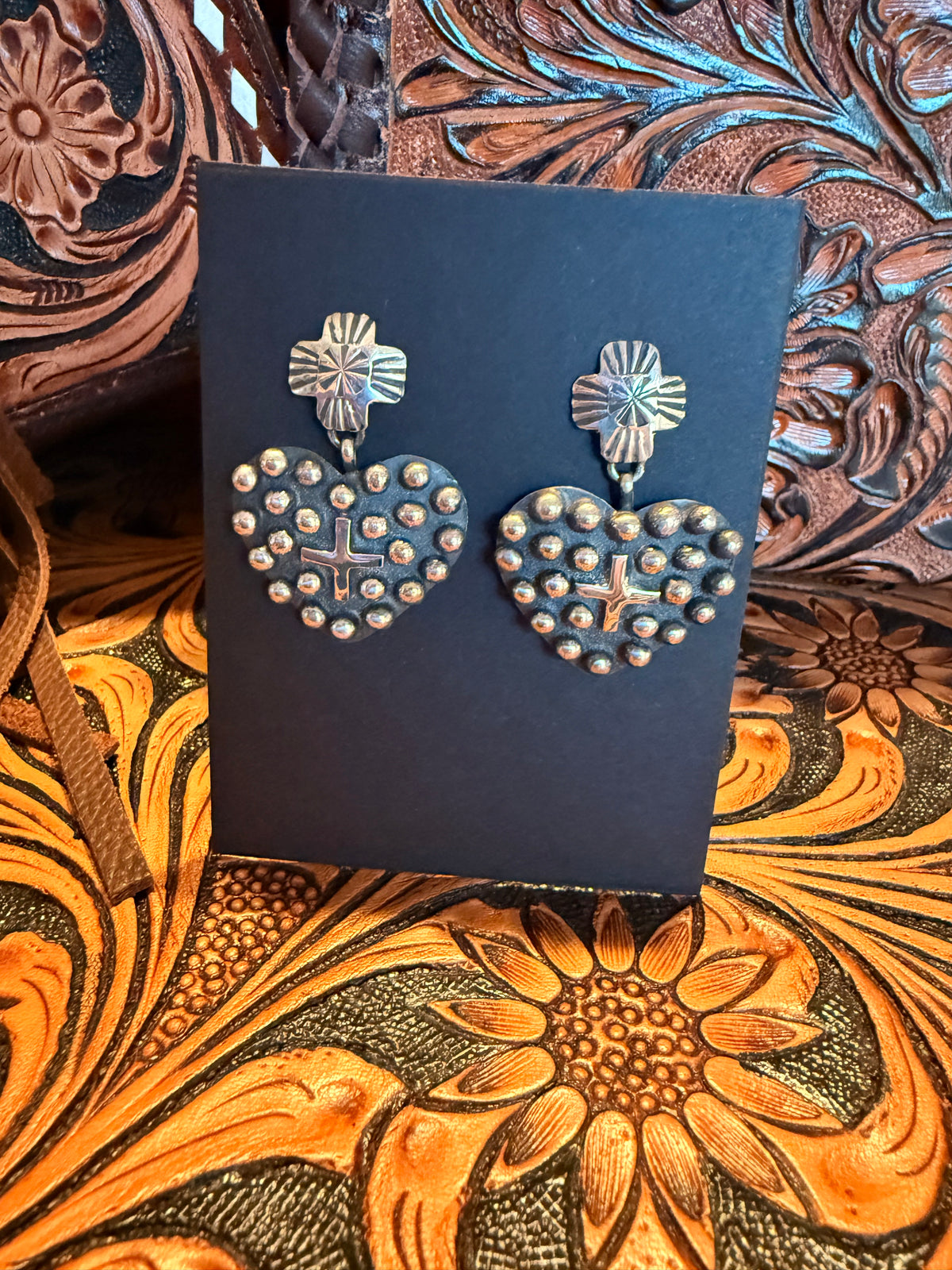Handmade Sterling Silver Heart Shaped with Cross Stud Earrings By Geneva Apachito