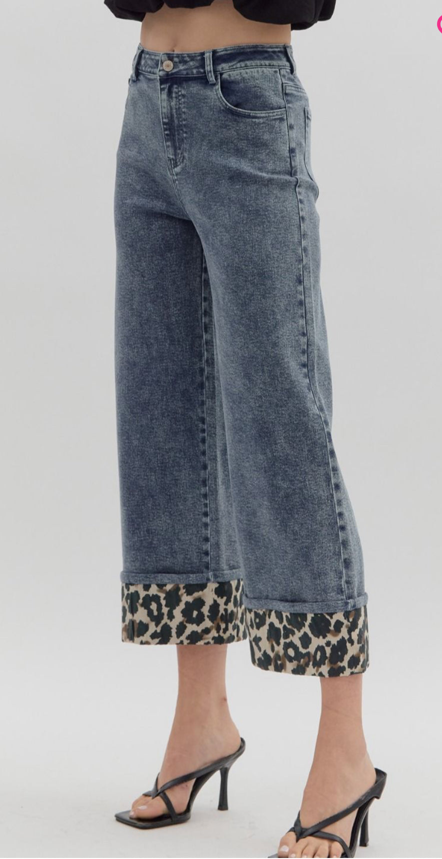 z Denim High-Waist Culotte Pants with Leopard Cuff