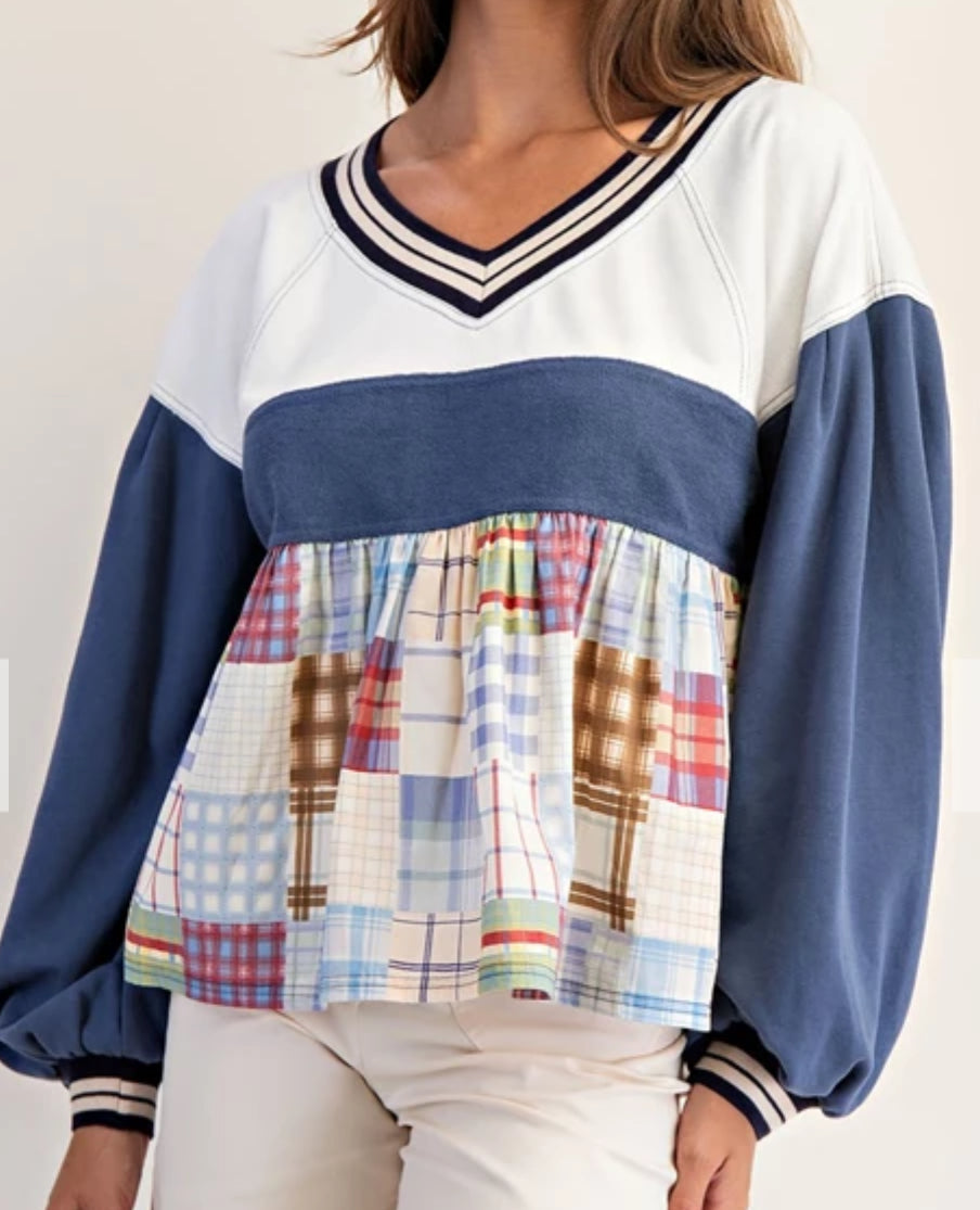 z Mix Plaid Poplin Balloon Sleeve Top